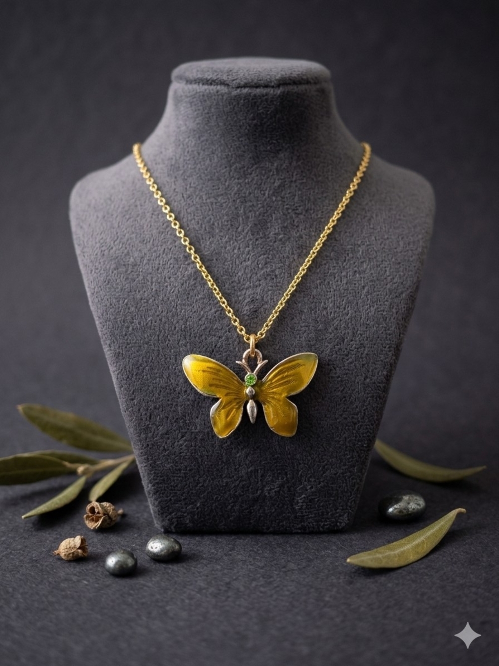 Gold Butterfly Pendant Necklace - Yellow Enamel